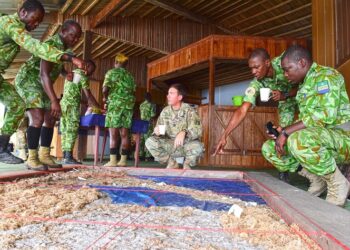 Des membres de l'équipe d'affaires civiles de l'Armée américaine, de l'équipe 8324, du 83e bataillon d'affaires civiles, et des Éco-Gardes (l'équivalent gabonais des gardes forestiers) dans le parc national de Loango, au Gabon, DR.