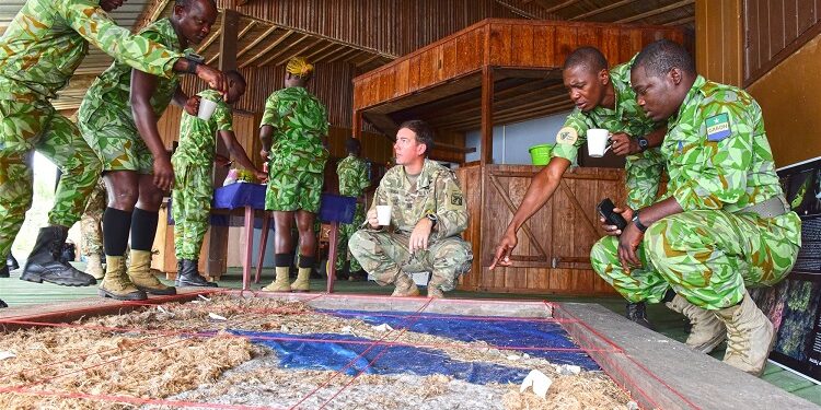 Des membres de l'équipe d'affaires civiles de l'Armée américaine, de l'équipe 8324, du 83e bataillon d'affaires civiles, et des Éco-Gardes (l'équivalent gabonais des gardes forestiers) dans le parc national de Loango, au Gabon, DR.